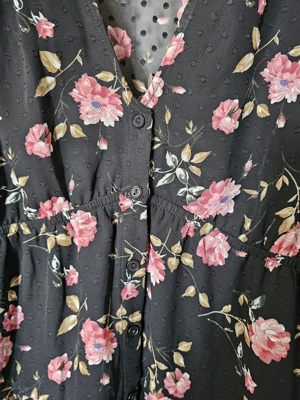 Black Floral V-Neck Tunic Dress with Pink Roses - Picture 3 of 5
